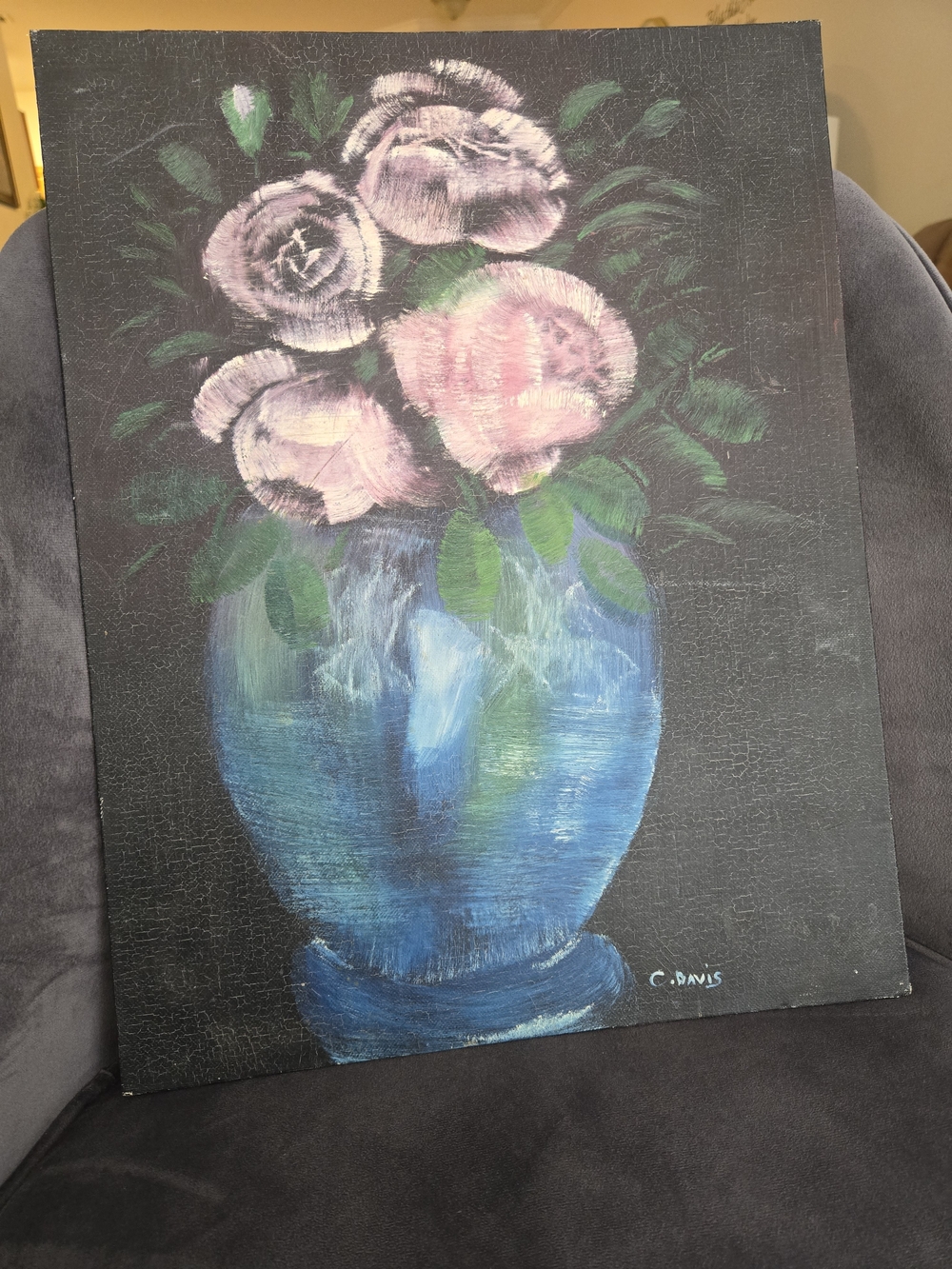 Pink Rose Bouquet in Blue Vase Wall Art by C. Davis